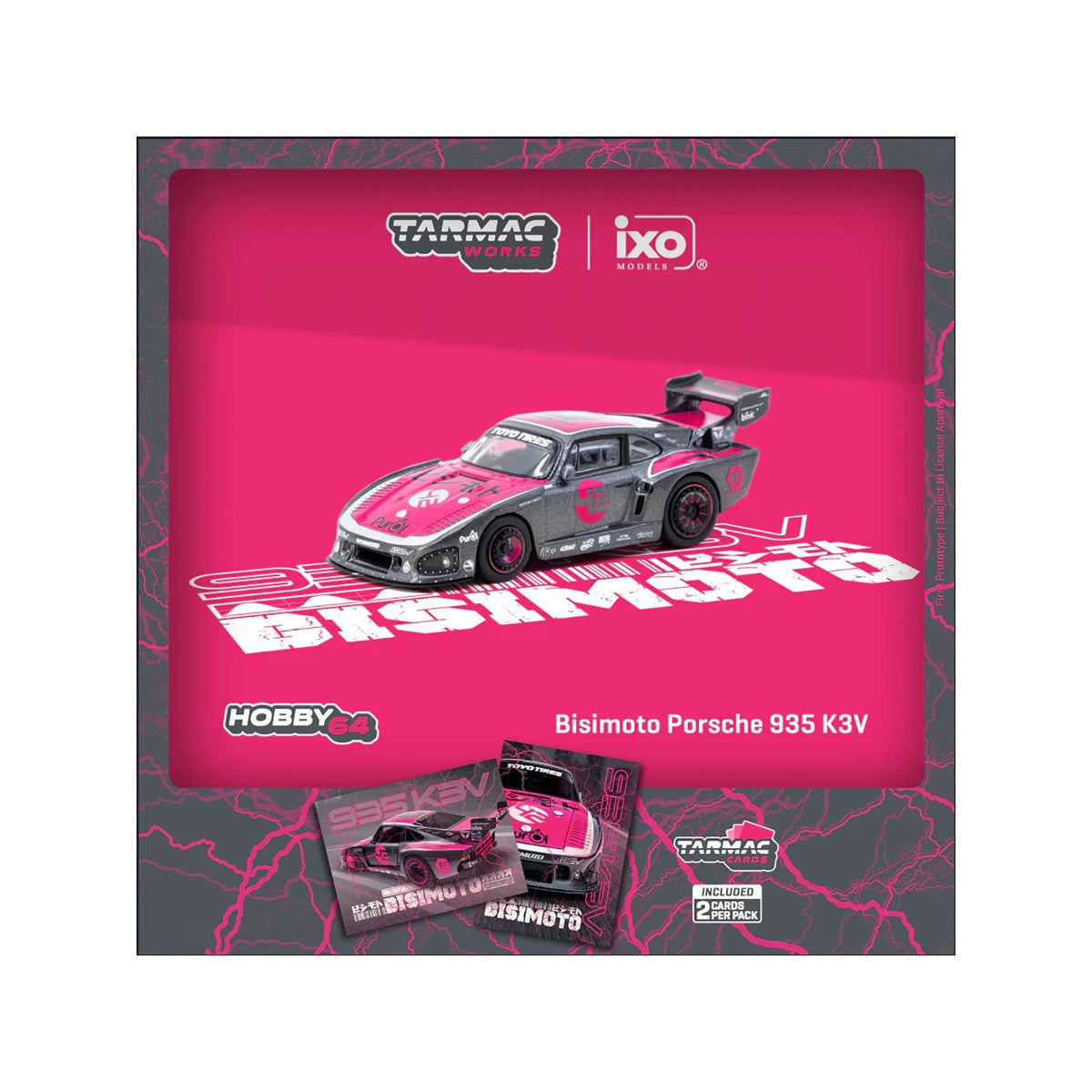 Porsche 935 K3V Bisimoto Gray Metallic with Pink Hood and Top with Tarmac Cards "Hobby64" Series 1/64 Diecast Model by Tarmac Works-Tarmac Works-ModelCars.com