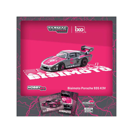 Porsche 935 K3V Bisimoto Gray Metallic with Pink Hood and Top with Tarmac Cards "Hobby64" Series 1/64 Diecast Model by Tarmac Works-Tarmac Works-ModelCars.com