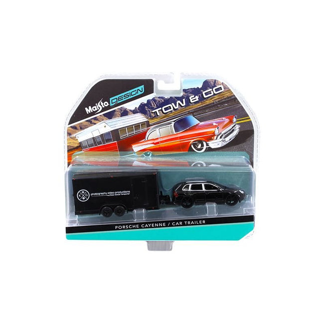 Porsche Cayenne Black and Car Trailer Tow & Go 1/64 Diecast Model by Maisto - Maisto - ModelCars.com