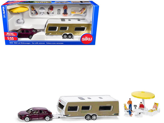 Porsche Macan Turbo Maroon Metallic and Dethleffs Exclusiv Emotion Caravan with Figures and Camp Accessories Set 1/55 Diecast Model by Siku-SIKU-ModelCars.com