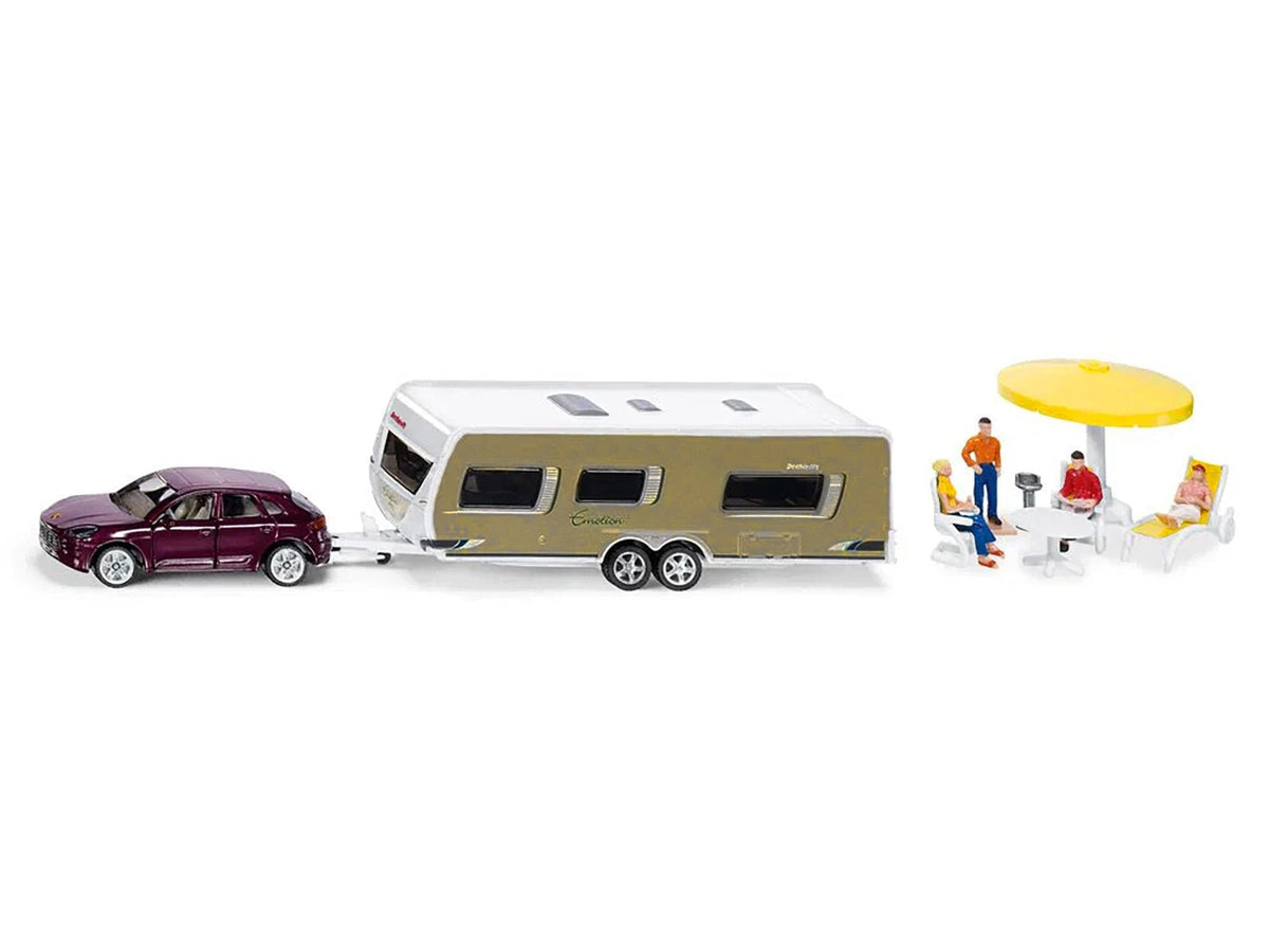 Porsche Macan Turbo Maroon Metallic and Dethleffs Exclusiv Emotion Caravan with Figures and Camp Accessories Set 1/55 Diecast Model by Siku-SIKU-ModelCars.com