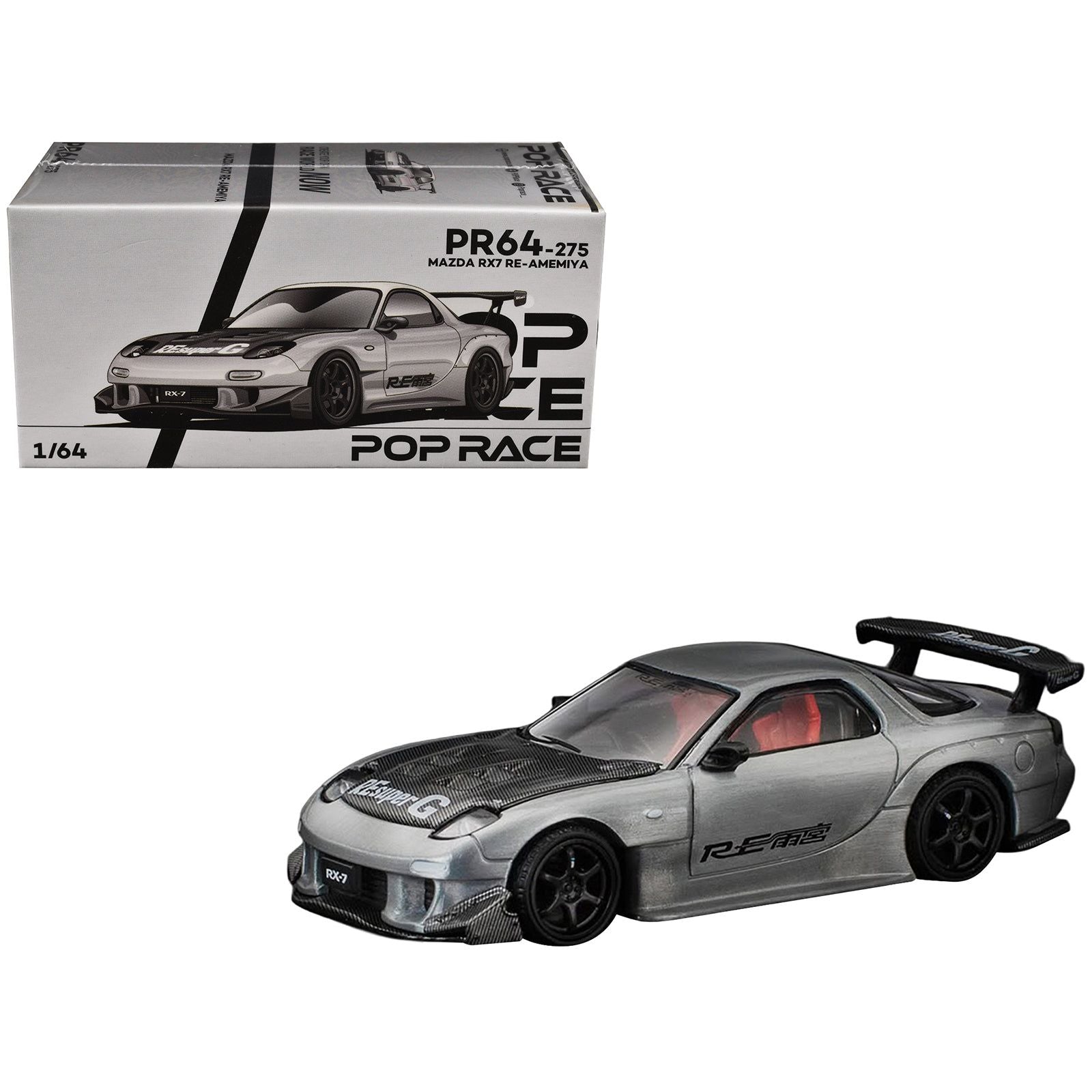 Mazda RX-7 RE-Amemiya RHD (Right Hand Drive) Silver Metallic with Carbon Hood "Japan Minicar a Gogo Exclusive" 1/64 Diecast Model Car by Pop Race