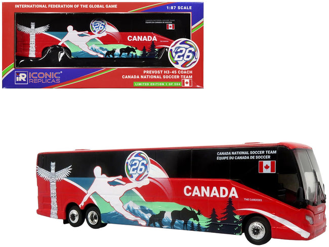 Prevost H3-45 Coach Bus "Canada National Soccer Team" Red with Graphics "International Federation of the Global Game" Series Limited Edition to 504 pieces Worldwide 1/87 (HO) Diecast Model by Iconic Replicas-Iconic Replicas-ModelCars.com