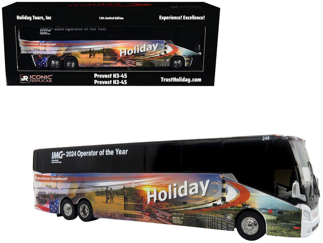 Prevost H3-45 Coach Bus "Holiday Tours - 2024 IMG Operator of the Year" White with Graphics Limited Edition 1/64 Diecast Model by Iconic Replicas-Iconic Replicas-ModelCars.com