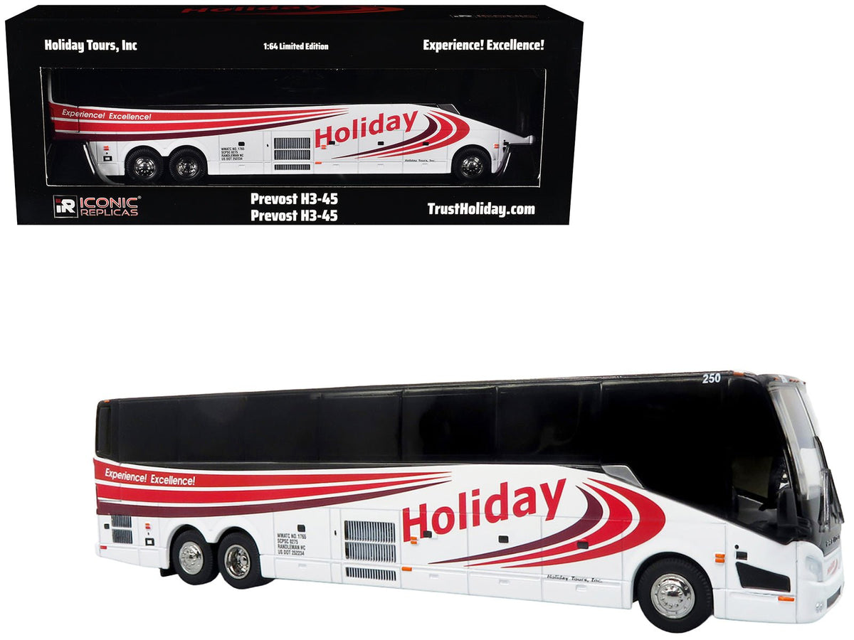 Prevost H3-45 Coach Bus "Holiday Tours" White with Red Graphics Limited Edition 1/64 Diecast Model by Iconic Replicas-Iconic Replicas-ModelCars.com
