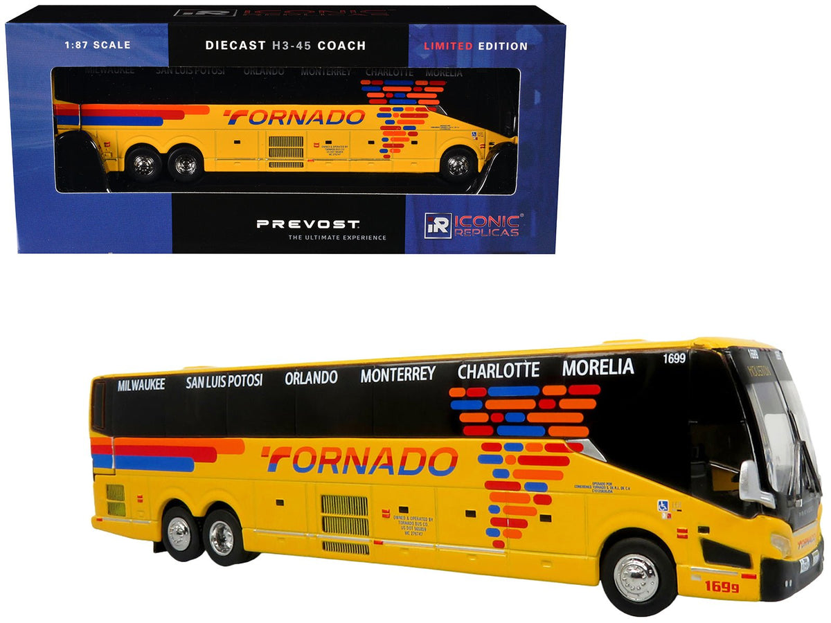 Prevost H3-45 Coach Bus "Tornado Bus Company" Yellow with Graphics Limited Edition 1/87 (HO) Diecast Model by Iconic Replicas-Iconic Replicas-ModelCars.com