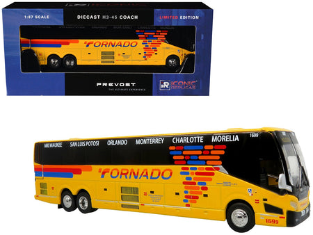 Prevost H3-45 Coach Bus "Tornado Bus Company" Yellow with Graphics Limited Edition 1/87 (HO) Diecast Model by Iconic Replicas-Iconic Replicas-ModelCars.com
