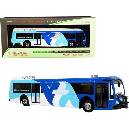 Proterra ZX5 Battery - Electric Transit Bus 140 Express "Mission College" Santa Clara Valley (California) White and Blue "The Bus & Motorcoach Collection" 1/87 (HO) Diecast Model by Iconic Replicas - Iconic Replicas - ModelCars.com