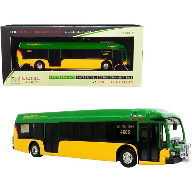 Proterra ZX5 Battery - Electric Transit Bus 226 "Crossroads" Seattle King County (Washington) Green and Yellow "The Bus & Motorcoach Collection" 1/87 (HO) Diecast Model by Iconic Replicas - Iconic Replicas - ModelCars.com