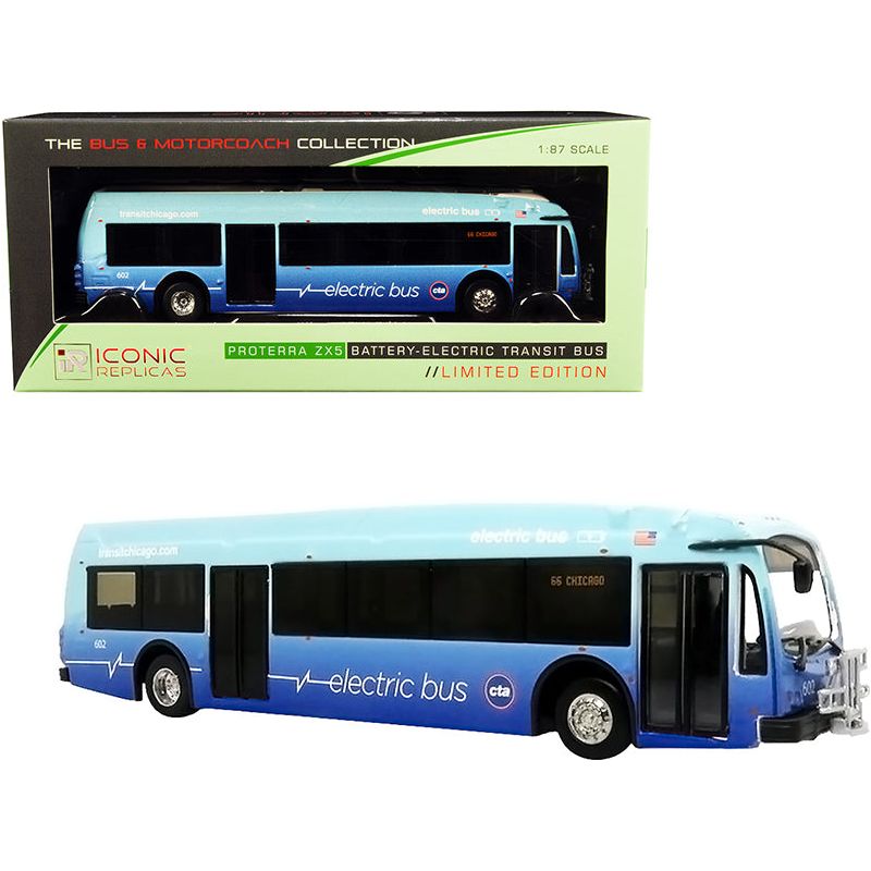 Proterra ZX5 Battery - Electric Transit Bus 65 "Chicago" (Illinois) Blue "The Bus & Motorcoach Collection" 1/87 (HO) Diecast Model by Iconic Replicas - Iconic Replicas - ModelCars.com