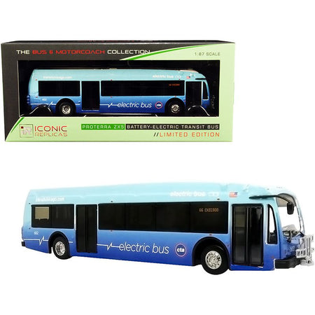 Proterra ZX5 Battery - Electric Transit Bus 65 "Chicago" (Illinois) Blue "The Bus & Motorcoach Collection" 1/87 (HO) Diecast Model by Iconic Replicas - Iconic Replicas - ModelCars.com