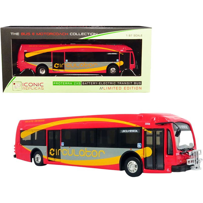 Proterra ZX5 Battery - Electric Transit Bus DC Circulator "Lincoln Memorial" (Washington D.C.) Red and Gray with Yellow Stripes "The Bus & Motorcoach Collection" 1/87 (HO) Diecast Model by Iconic Replicas - Iconic Replicas - ModelCars.com