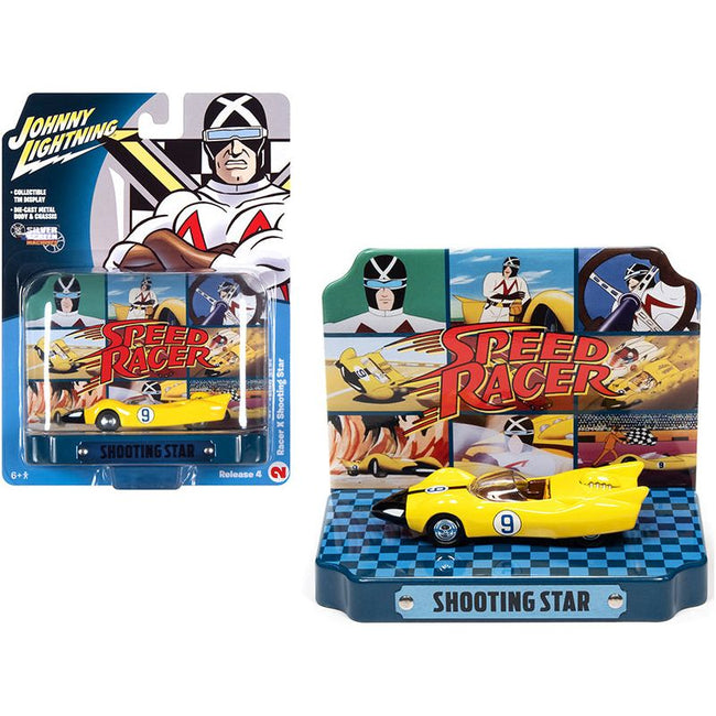 Racer X Shooting Star 9 Yellow with Collectible Tin Display "Speed Racer" 1/64 Diecast Model Car by Johnny Lightning-Johnny Lightning-ModelCars.com