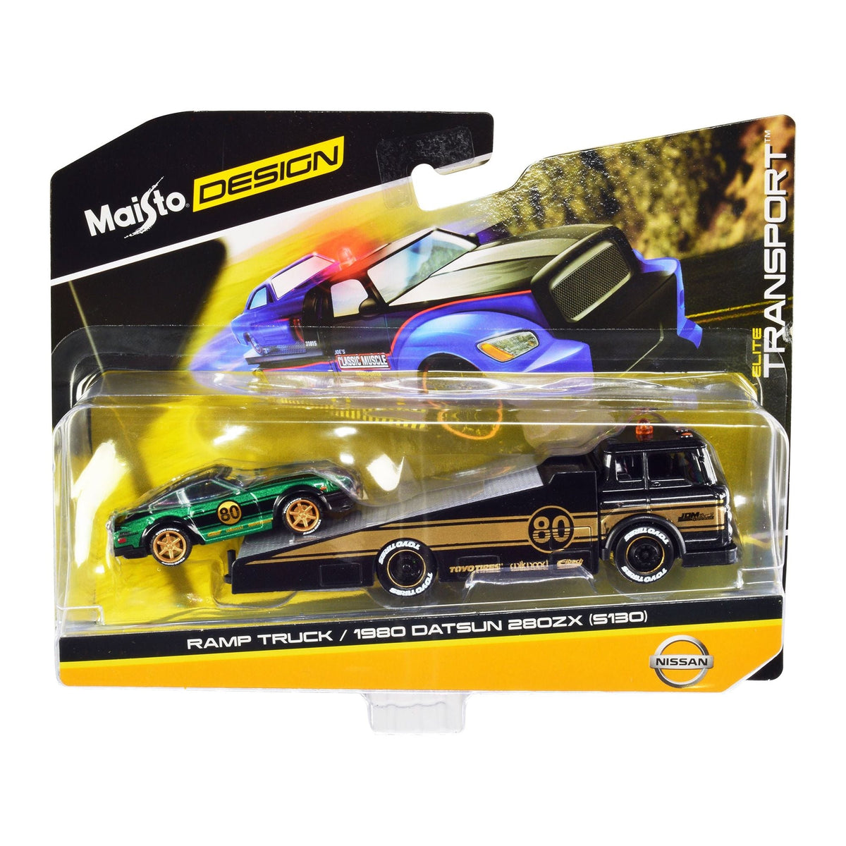 Coby Gold Ramp Ramp Truck #80 Dark Gray Metallic and 1980 Datsun 280ZX #80 Green