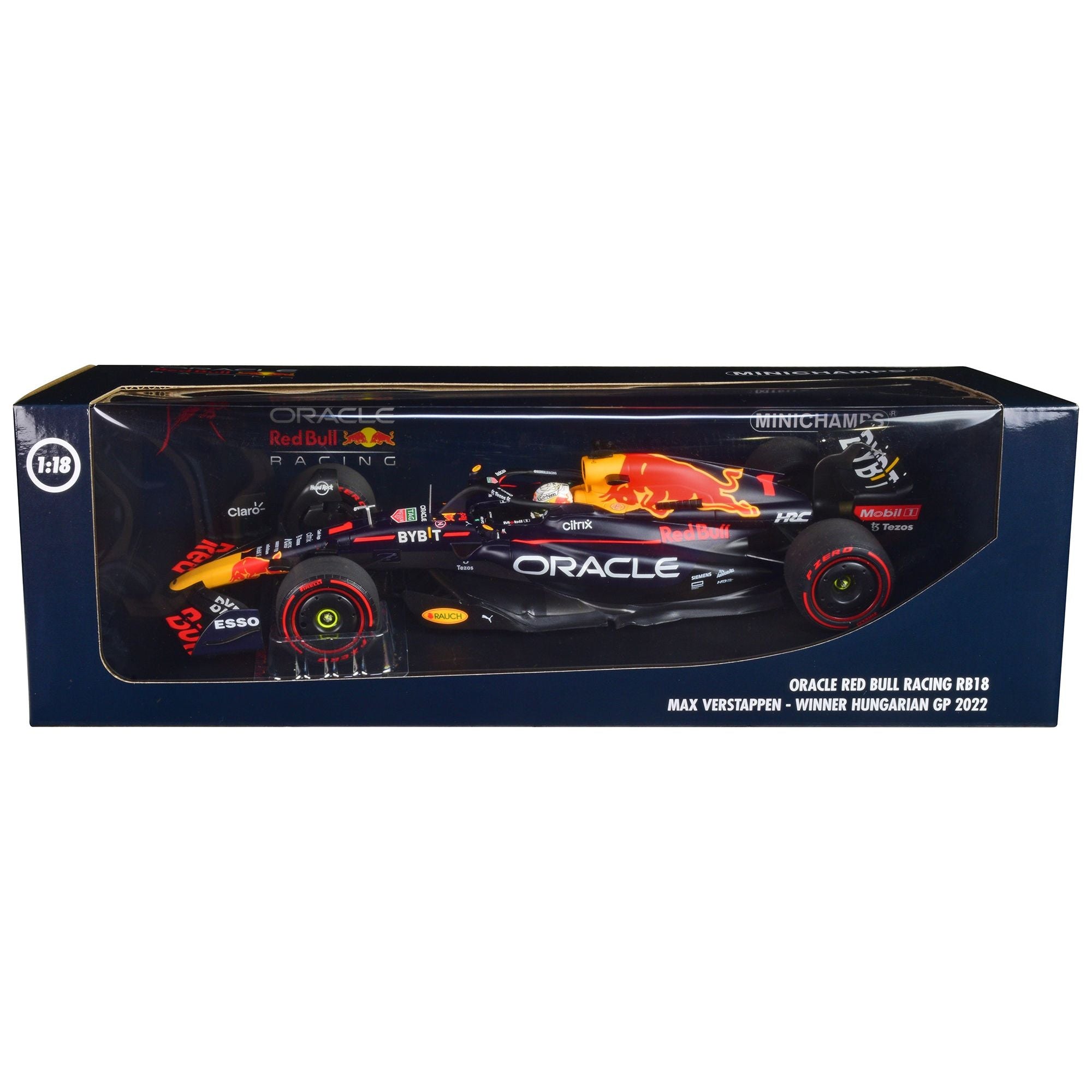 Red Bull Racing RB18 1 Max Verstappen "Oracle" Winner F1 Formula One "Hungarian GP" (2022) with Driver Limited Edition to 360 pieces Worldwide 1/18 Diecast Model Car by Minichamps - Minichamps - ModelCars.com