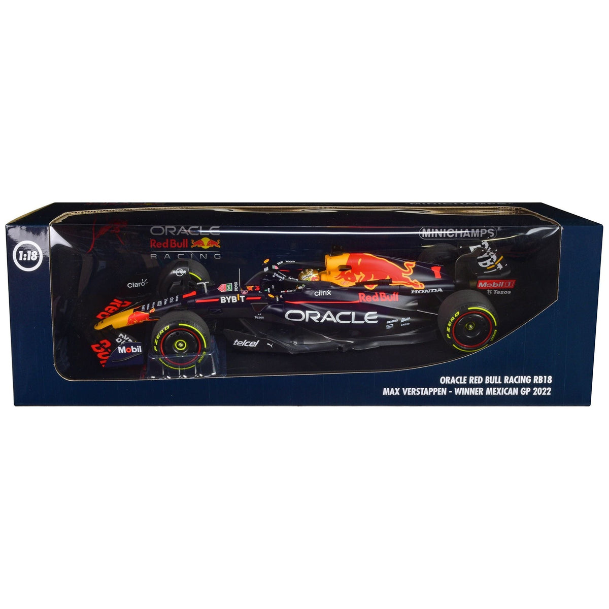 Red Bull Racing RB18 1 Max Verstappen "Oracle" Winner F1 Formula One "Mexican GP" (2022) with Driver Limited Edition to 258 pieces Worldwide 1/18 Diecast Model Car by Minichamps - Minichamps - ModelCars.com