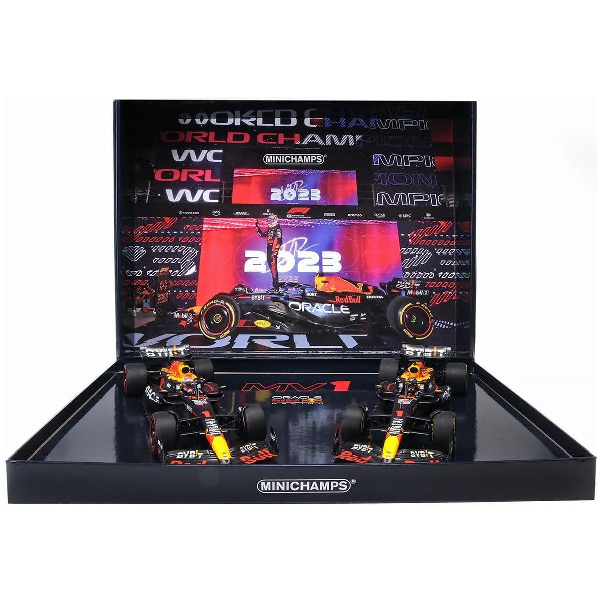 Red Bull Racing RB19 1 Max Verstappen "Oracle" F1 Formula One "Qatar GP" (2023) Set of 2 Cars Limited Edition to 499 pieces Worldwide 1/18 Diecast Model Cars by Minichamps - Minichamps - ModelCars.com