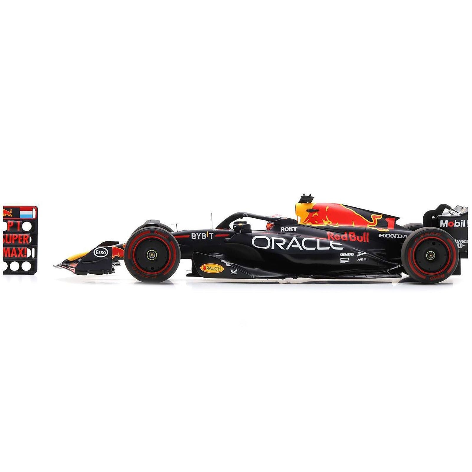 Red Bull Racing RB19 1 Max Verstappen "Oracle" Winner Formula One F1 "British GP" (2023) with Pit Board and Acrylic Display Case 1/18 Model Car by Spark - Spark - ModelCars.com