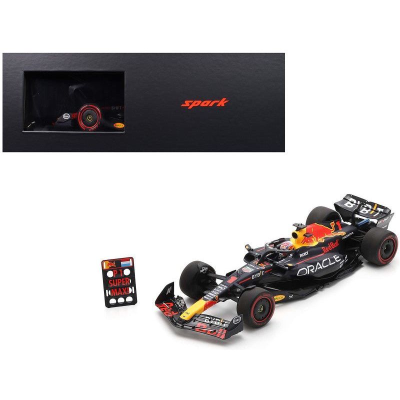 Red Bull Racing RB19 1 Max Verstappen "Oracle" Winner Formula One F1 "British GP" (2023) with Pit Board and Acrylic Display Case 1/18 Model Car by Spark - Spark - ModelCars.com