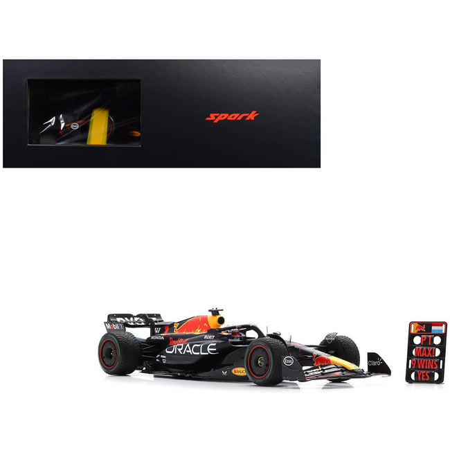Red Bull Racing RB19 #1 Max Verstappen "Oracle" Winner Formula One F1 "Dutch GP" (2023) with Pit Board and Acrylic Display Case 1/18 Model Car by Spark-Spark-ModelCars.com