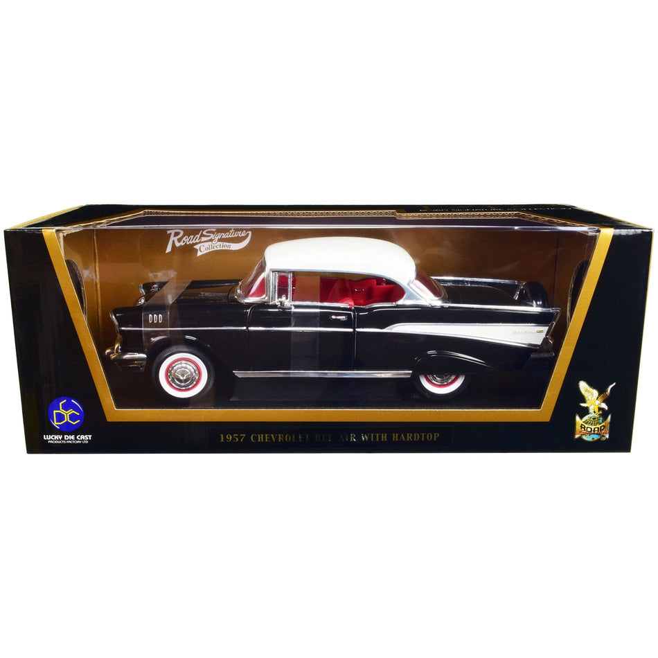 1957 Chevrolet Bel Air Hardtop Black with White Top and Red Interior 1/18 Diecast Model Car by Road Signature