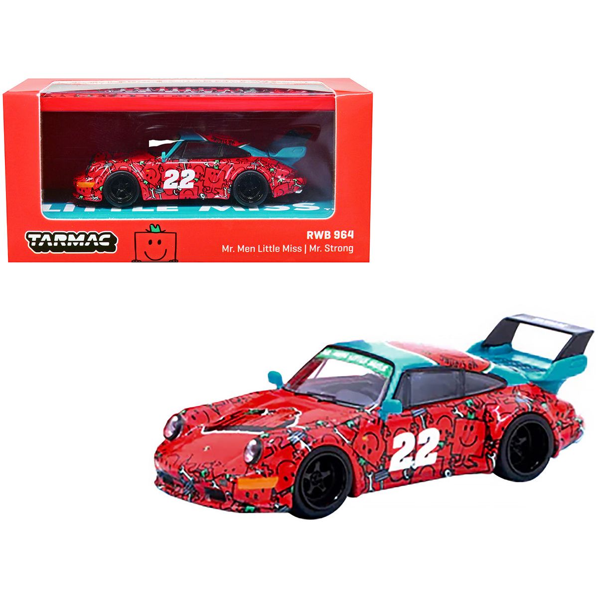 RWB 964 22 Red and Blue "Mr. Strong" Graphics "Mr. Men Little Miss" with Container Display Case 1/64 Diecast Model Car by Tarmac Works - Tarmac Works - ModelCars.com
