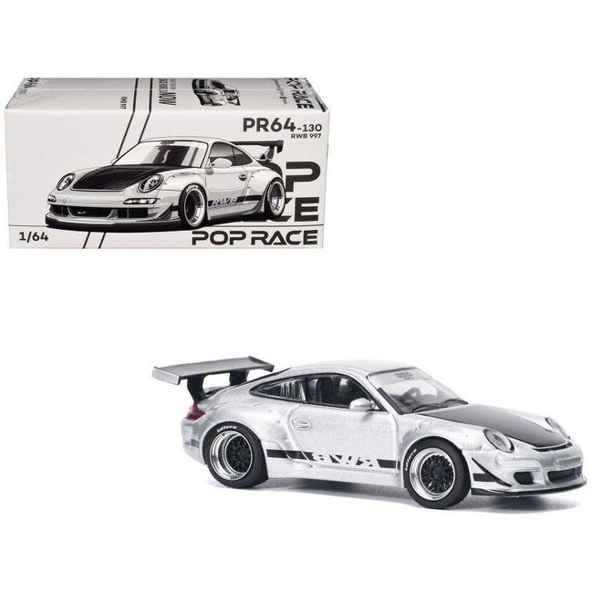 RWB 997 Silver Metallic with Black Stripes and Hood 1/64 Diecast Model Car by Pop Race-Pop Race-ModelCars.com