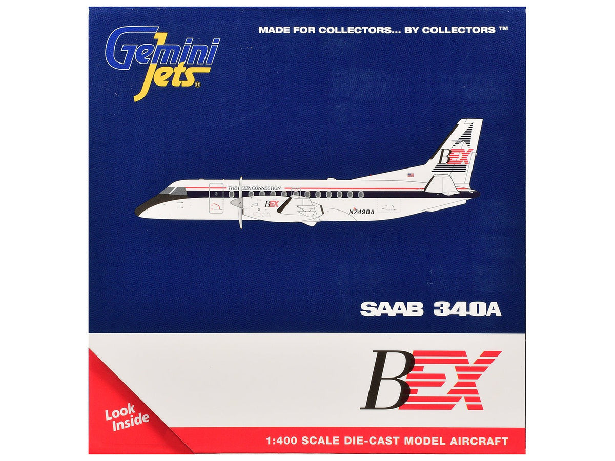 Saab 340A Commercial Aircraft "Business Express Airlines - The Delta Connection" (N749BA) White with Blue and Red Stripes 1/400 Diecast Model by GeminiJets-GeminiJets-ModelCars.com