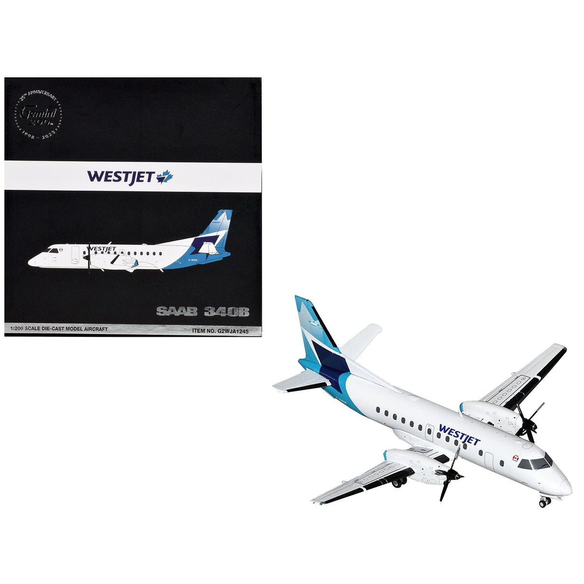 Saab 340B Commercial Aircraft "WestJet" (C-GOIA) White with Blue Stripes and Tail "Gemini 200" Series 1/200 Diecast Model Airplane by GeminiJets-GeminiJets-ModelCars.com