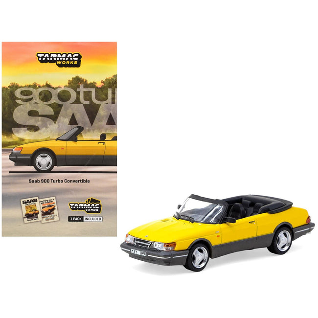 Saab 900 Turbo Convertible Yellow with Tarmac Cards "Global64" Series 1/64 Diecast Model by Tarmac Works-Tarmac Works-ModelCars.com