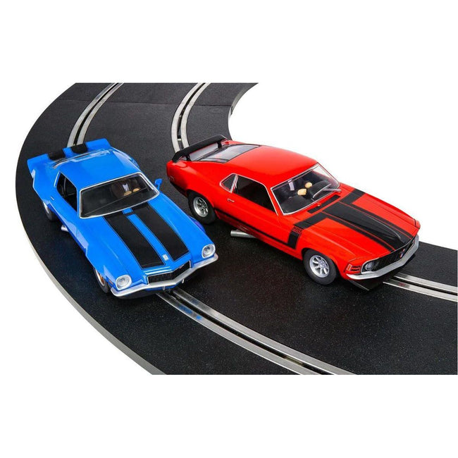 Scalextrics Set, AMERICAN STREET DUEL w/1970s Chevrolet® Camaro™ & Ford® Mustang™ Cars-Scalextric-ModelCars.com