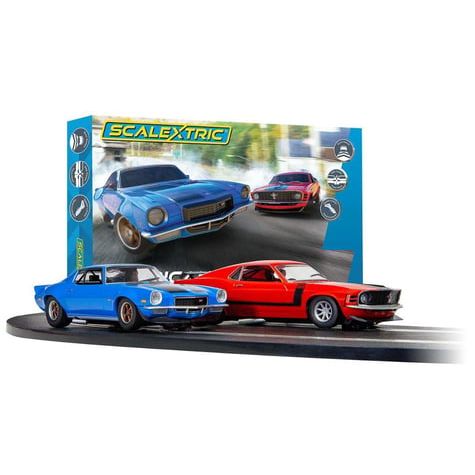 Scalextrics Set, AMERICAN STREET DUEL w/1970s Chevrolet® Camaro™ & Ford® Mustang™ Cars-Scalextric-ModelCars.com