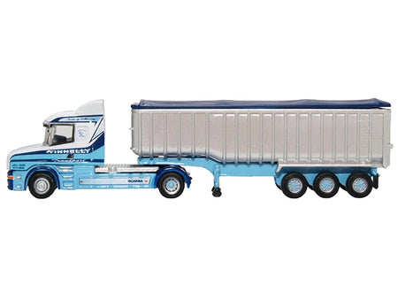 Scania T-Cab Truck RHD (Right Hand Drive) with Covered Dump Trailer "Tinnelly" White with Blue Graphics 1/148 (N) Scale Diecast Model Car by Oxford Diecast-Oxford Diecast-ModelCars.com