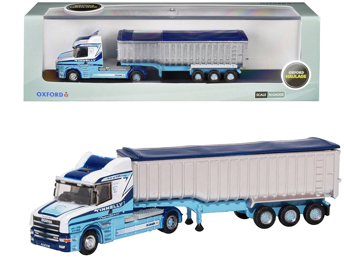 Scania T-Cab Truck RHD (Right Hand Drive) with Covered Dump Trailer "Tinnelly" White with Blue Graphics 1/148 (N) Scale Diecast Model Car by Oxford Diecast-Oxford Diecast-ModelCars.com