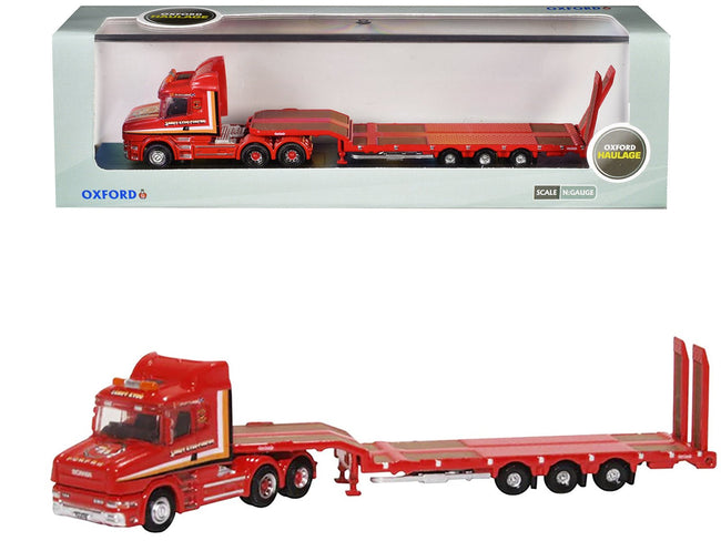 Scania T-Cab Truck RHD (Right Hand Drive) with Lowboy Trailer "Sandy Kydd" Red with Stripes 1/148 (N) Scale Diecast Model Car by Oxford Diecast-Oxford Diecast-ModelCars.com