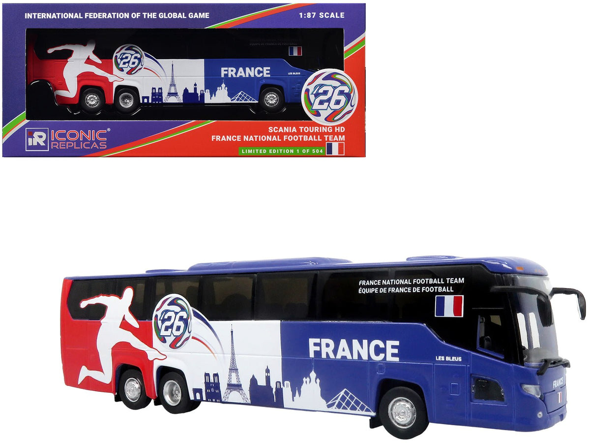 Scania Touring HD Coach Bus "France National Football Team" Blue with Graphics "International Federation of the Global Game" Series Limited Edition to 504 pieces Worldwide 1/87 (HO) Diecast Model by Iconic Replicas-Iconic Replicas-ModelCars.com