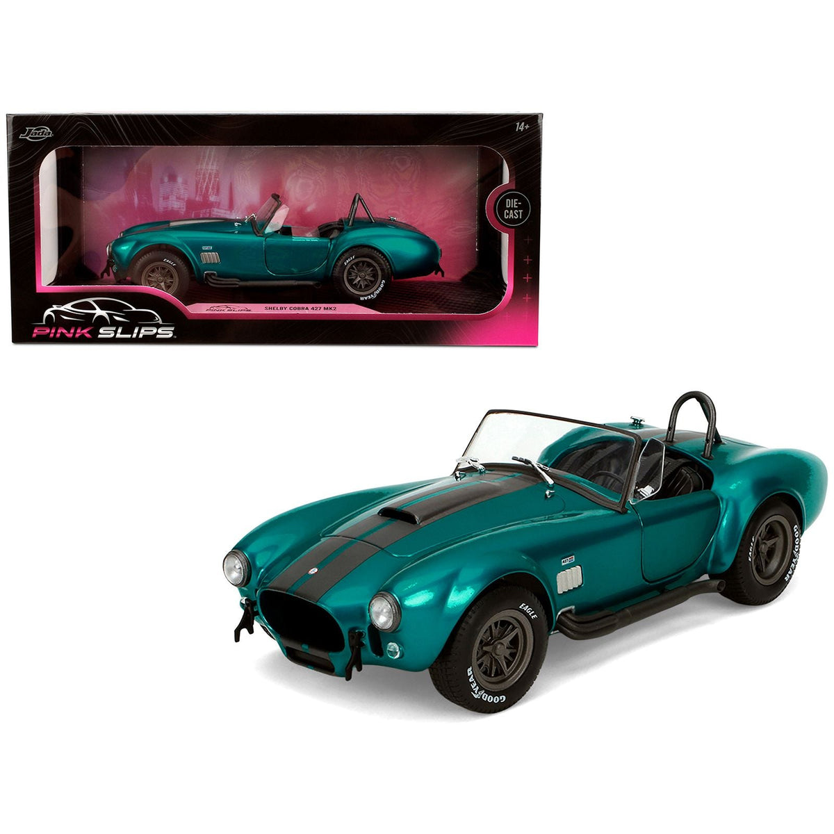 Shelby Cobra 427 MKII Teal Metallic with Gray Stripes "Pink Slips" Series 1/18 Diecast Model Car by Jada-Jada-ModelCars.com