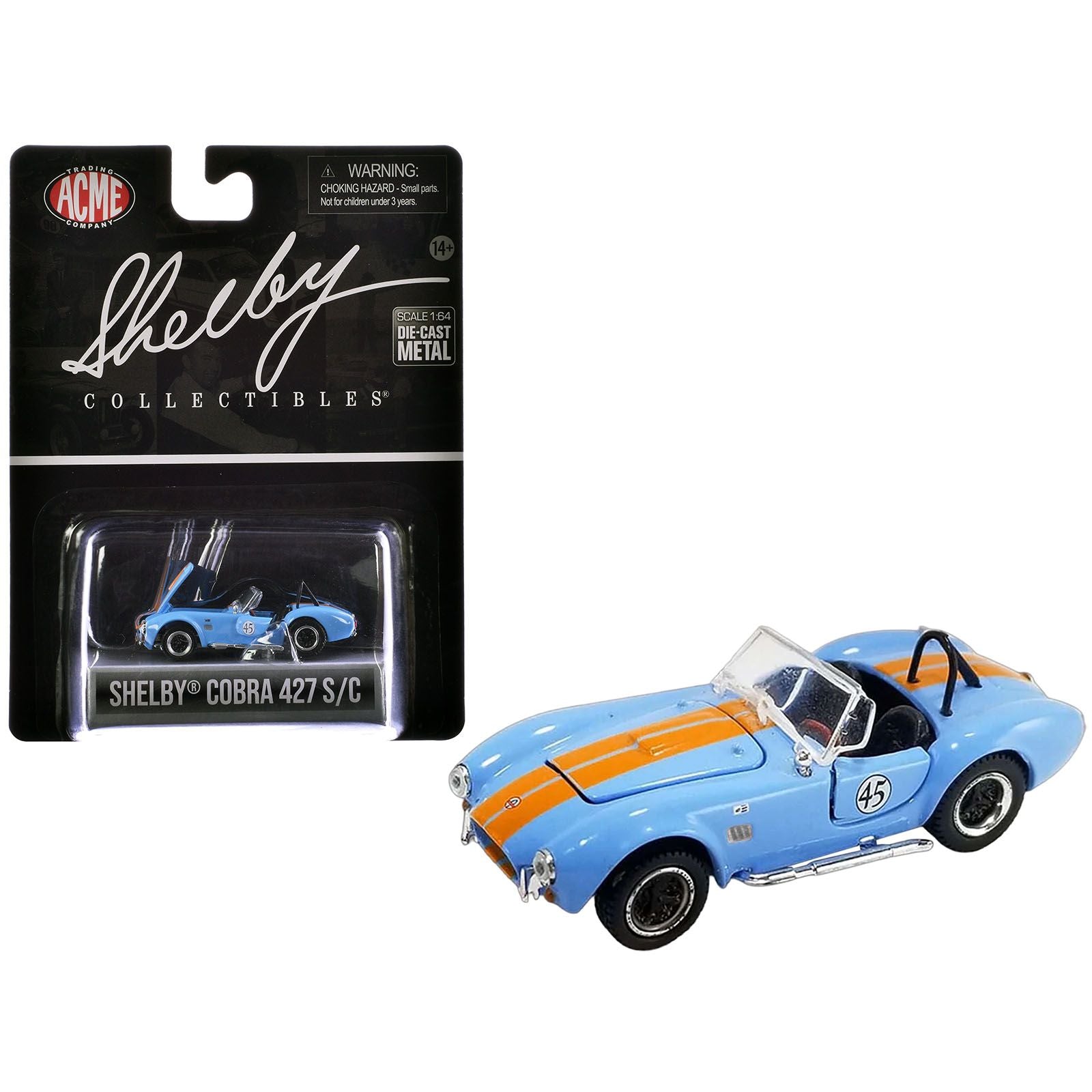 Shelby Cobra 427 S/C 45 Light Blue with Orange Stripes "Shelby Collectibles" Series 1/64 Diecast Model Car by ACME - Acme - ModelCars.com