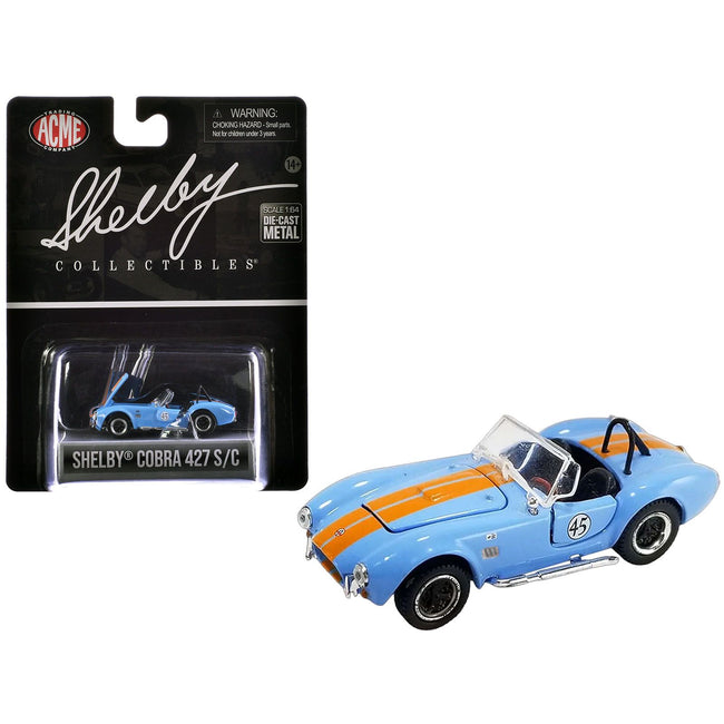 Shelby Cobra 427 S/C 45 Light Blue with Orange Stripes "Shelby Collectibles" Series 1/64 Diecast Model Car by ACME - Acme - ModelCars.com