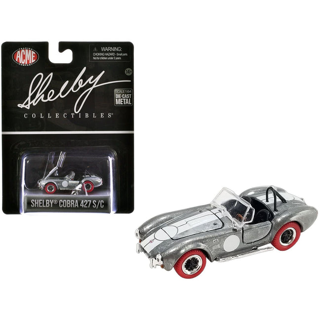 Shelby Cobra 427 S/C Raw Metal with White Stripes and Red Tires "Shelby Collectibles" Series 1/64 Diecast Model Car by ACME-Acme-ModelCars.com