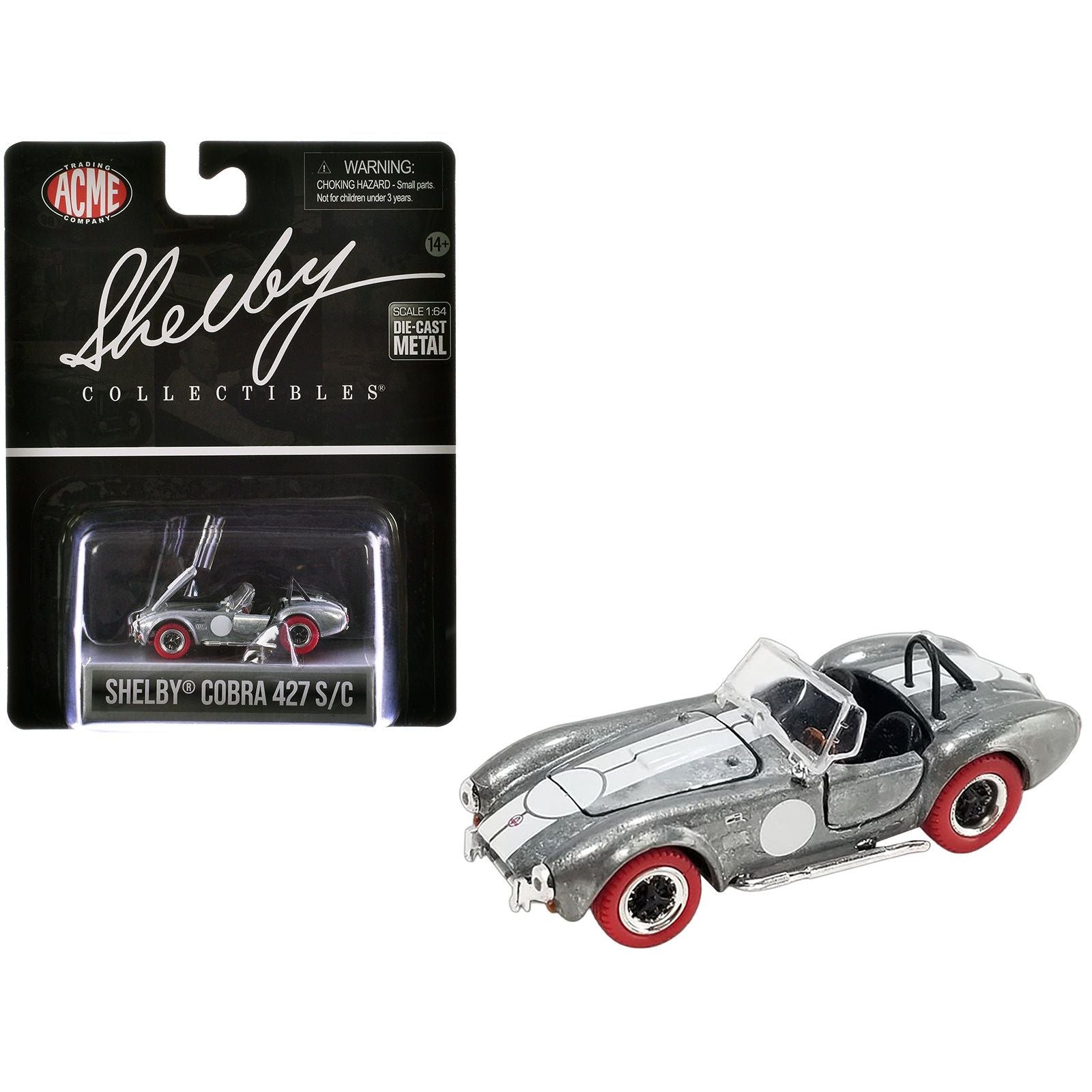 Shelby Cobra 427 S/C Raw Metal with White Stripes and Red Tires "Shelby Collectibles" Series 1/64 Diecast Model Car by ACME - Acme - ModelCars.com