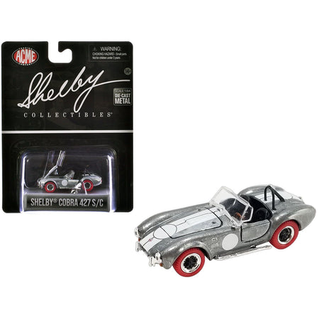 Shelby Cobra 427 S/C Raw Metal with White Stripes and Red Tires "Shelby Collectibles" Series 1/64 Diecast Model Car by ACME - Acme - ModelCars.com