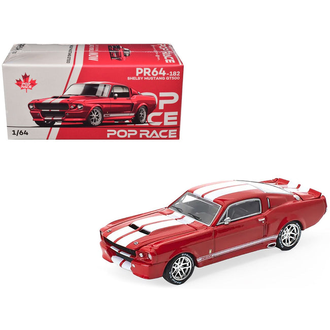 Shelby Mustang GT500 Red Metallic with White Stripes 1/64 Diecast Model Car by Pop Race-Pop Race-ModelCars.com