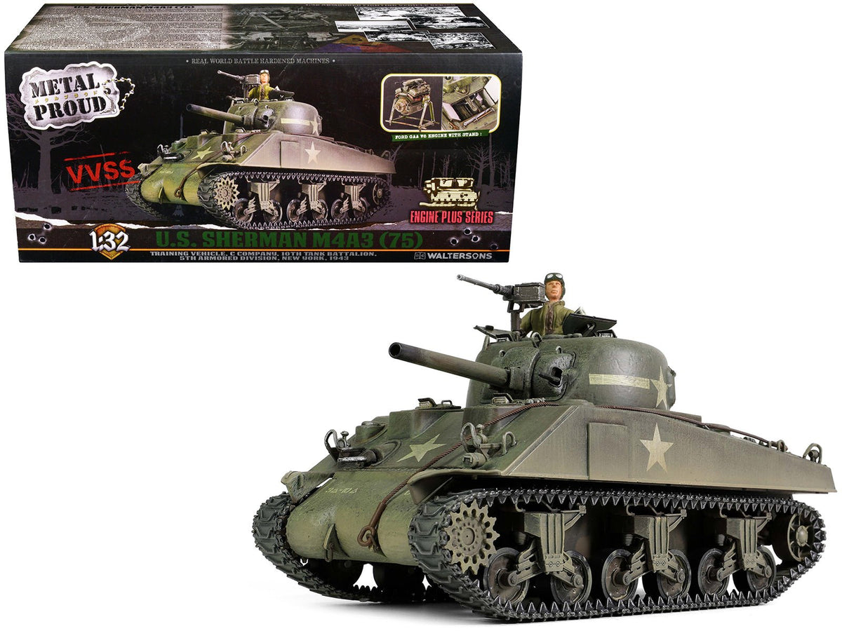 Sherman M4A3 (75) Medium Tank U.S. "Training vehicle C Company 10th Tank Battalion 5th Armored Division New York" (1943) "Engine Plus" Series 1/32 Diecast Model by Metal Proud-Metal Proud-ModelCars.com