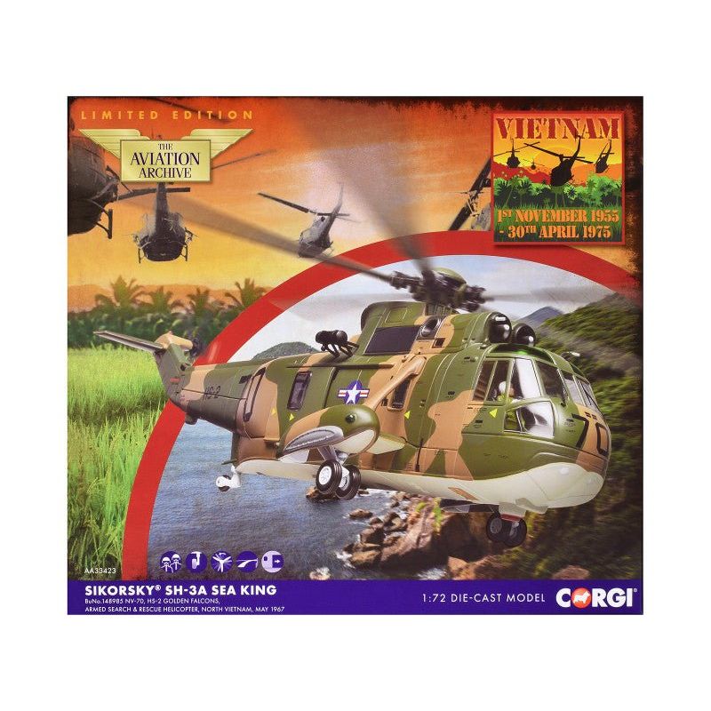 Sikorsky SH - 3A Sea King Helicopter "HS - 2 Golden Falcons Armed Search & Rescue North Vietnam" (1967) United States Navy "The Aviation Archive" Series 1/72 Diecast Model by Corgi - Corgi - ModelCars.com