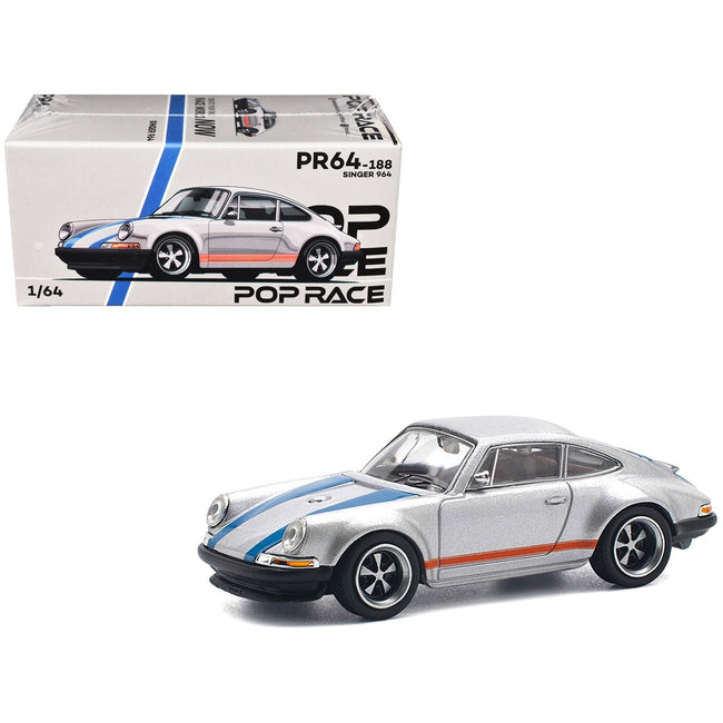 Singer 964 Silver Metallic with Blue and Red Stripes 1/64 Diecast Model Car by Pop Race-Pop Race-ModelCars.com