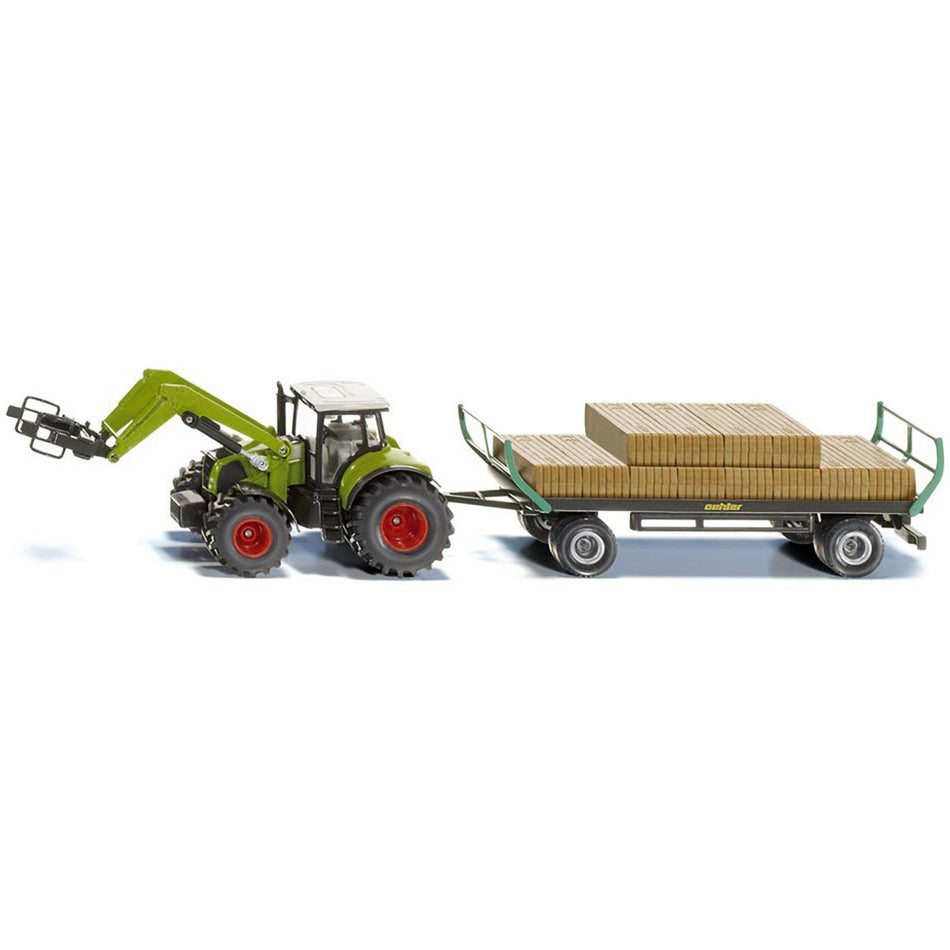 Claas Tractor with Square Bale Grab Green and Oehler Bale Trailer with 12 Hay Bales 1/50 Diecast Model by Siku