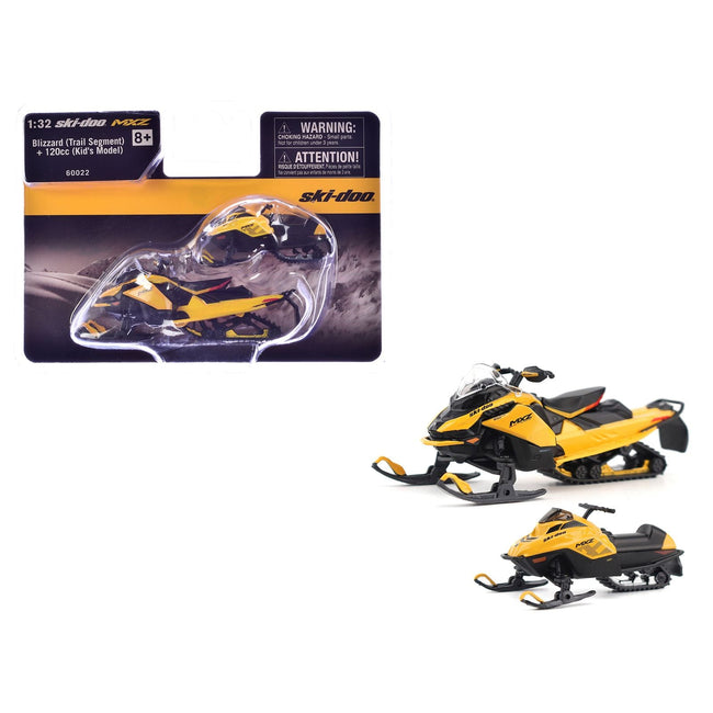 Ski-Doo MXZ Blizzard (Trail Segment) Neo Yellow and Ski-Doo MXZ 120cc (Kid's Model) Neo Yellow Set of 2 Snowmobiles 1/32 Diecast Models by BRP Models-BRP Models-ModelCars.com