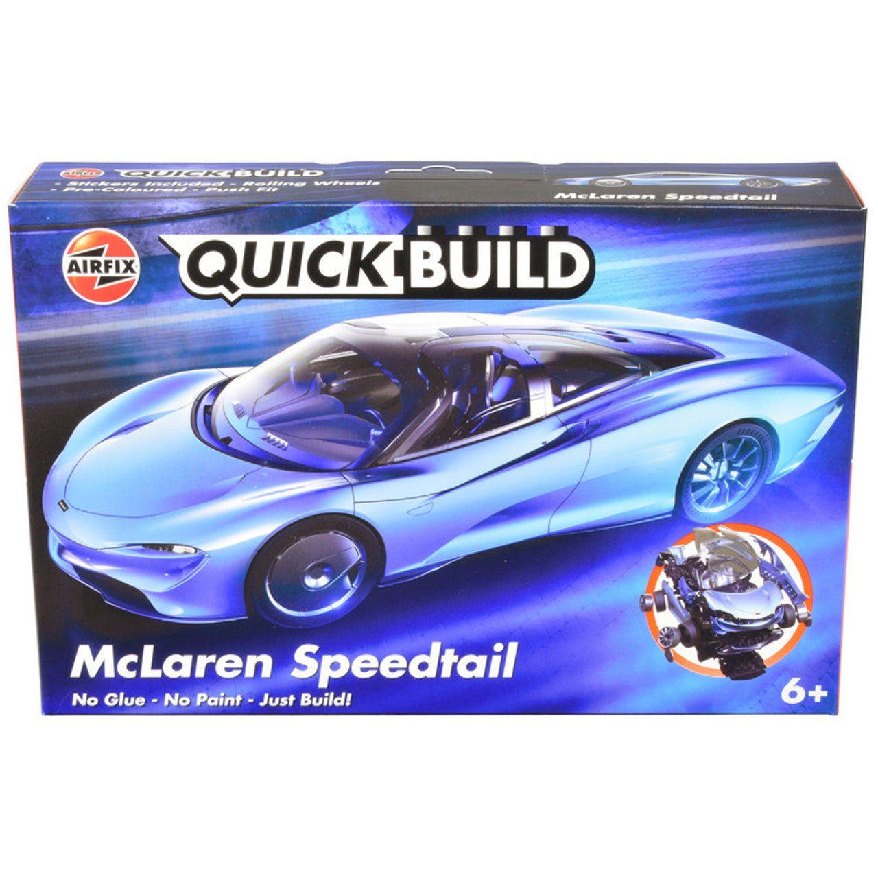 Skill 1 Model Kit McLaren Speedtail Light Blue with Black Top Snap Together Painted Plastic Model Car Kit by Airfix Quickbuild - Airfix Quickbuild - ModelCars.com