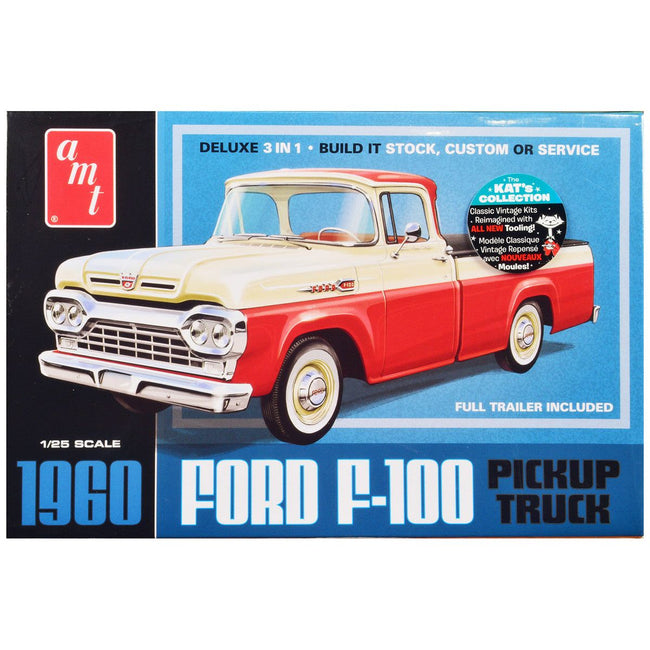 Skill 2 Model Kit 1960 Ford F-100 Pickup Truck with Trailer 3-in-1 Kit 1/25 Scale Model by AMT-AMT-ModelCars.com